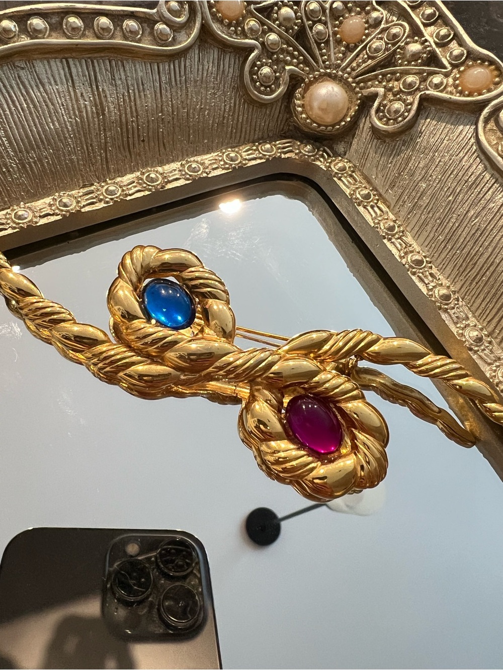 Contemporary Gold-Tone Rope Twist Brooch with Blue and Fuchsia Cabochons